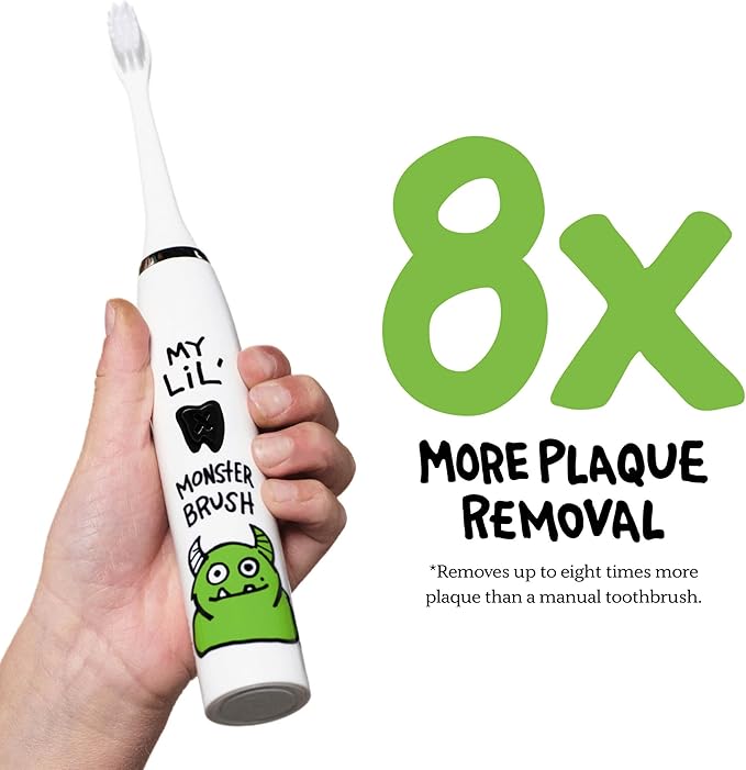Made by Dentists Kids Electric Toothbrush - Rechargeable Vibrating Toothbrush with Timer, Includes 6 Replacement Heads, Gently Cleans Teeth, Girls and Boys, Kid & Toddlers Age 2+, Monster