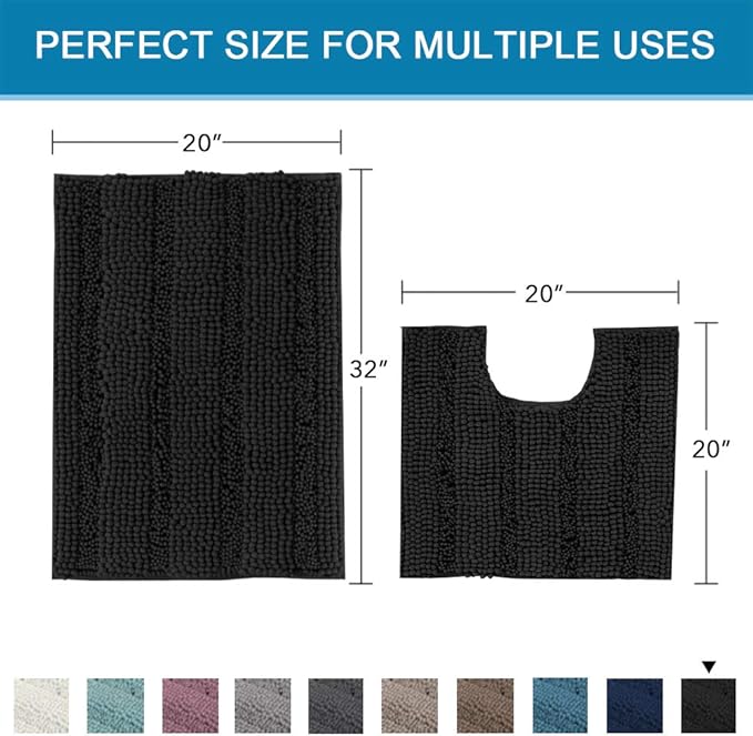 H.VERSAILTEX Bathroom Rugs Bath Rug Set 2 Piece Bathroom Contour Rug Toilet Mat Sets Non Slip Contour Bath Rug Set Ultra Thick Water Absorbent Striped Washable(20" x 32" Plus 20" x 20" U, Black)