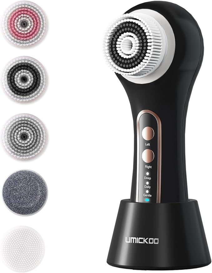 Face Scrubber Exfoliator, Rechargeable Facial Cleansing Brush with 2-Way Rotation & 3 Modes, 30-Day Runtime, 5 Brush Heads for SPA-Level Care, IPX7 Waterproof, Deep Cleaning for All Skin Types