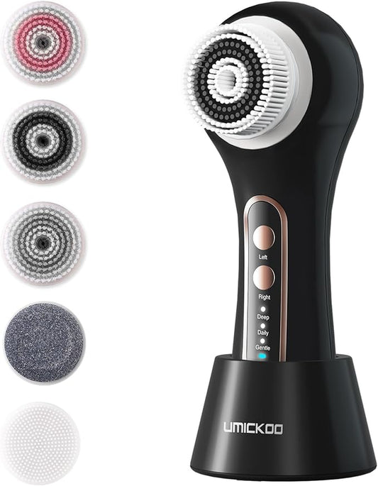 Face Scrubber Exfoliator, Rechargeable Facial Cleansing Brush with 2-Way Rotation & 3 Modes, 30-Day Runtime, 5 Brush Heads for SPA-Level Care, IPX7 Waterproof, Deep Cleaning for All Skin Types
