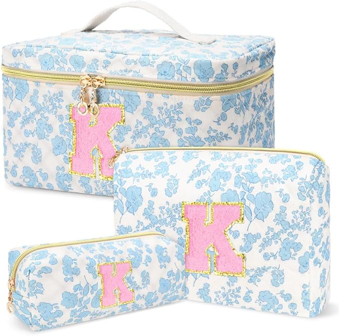 3 PCS Travel Makeup Bag Set,A-Z Initials Cotton Make up Bag Floral Quilted Cosmetic Bag for Girls and Women,Personalized Christmas Gifts,Cute Toiletry Travel Accessories Brushes Bags-K