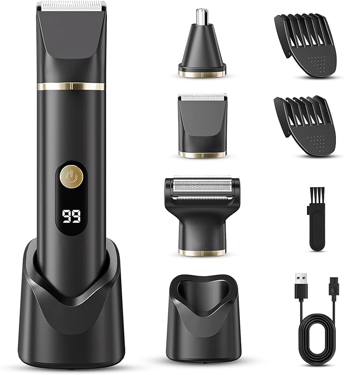 Beard Trimmer for Men, IPX7 Waterproof Body Hair Trimmer Electric Razor Shaver Body Grooming Kit Wet/Dry Use for Groin, Nose, Ear Hairs, Beard, Legs, Chest