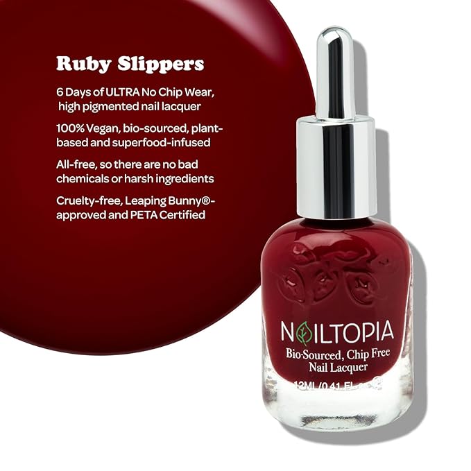 Nailtopia Bio-Sourced, Chip Free Nail Lacquer - All Natural, Strengthening Biotin and Superfood-Infused Polish - Chip Resistant Formula - Quick-Dry, Long Lasting Wear - Ruby Slippers - 0.41 oz