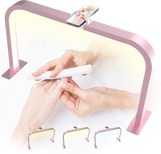 Half Moon Nail Desk Lamp, 45W LED Nail Tech Desk Light with Phone Holder, Half Moon Nail Light 3000-6000K Adjustable Brightness, Nail Table Arch Lamp, for Manicure Lash Eyelas (Pink), YY111