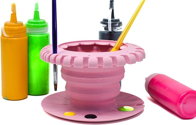Paint Puck CollapsiBowl Paint Brush Cleaner Rinse Cup (Pink) – Collapsible Paint Water Cup & Brush Cleaner with Brush Holder, Squeegee Lips & Drip Tray for Acrylic, Watercolor & Art Supplies