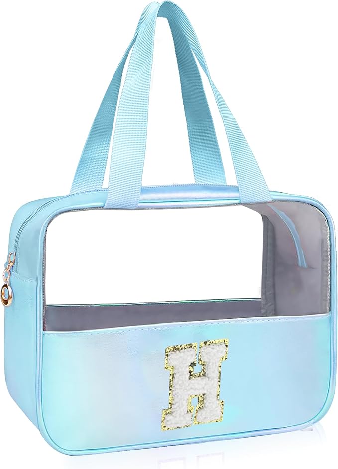 Personalized Initial Clear Makeup Bag Blue Cosmetic Bag Set Large Travel Toiletry Bag, Cute Clear Make Up Bags Organizer Bag for Girlfriend Teacher Gifts Teen Girl Gifts Trendy Stuff H (Blue)