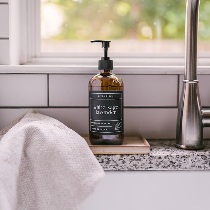 River Birch White Sage Lavender Scented Natural Hand Soap -Handmade Soap -Moisturizing Hand Wash with Amber Glass Dispenser - Luxury Scented Hydrating Hand Soap - Vegan and Non Toxic -16 Fl Oz