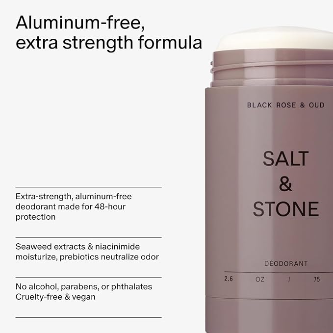 SALT & STONE Aluminum Free Deodorant | Extra Strength 48 Hour Protection for Women & Men | Made with Seaweed Extracts, Niacinamide & Prebiotics (Black Rose & Oud)
