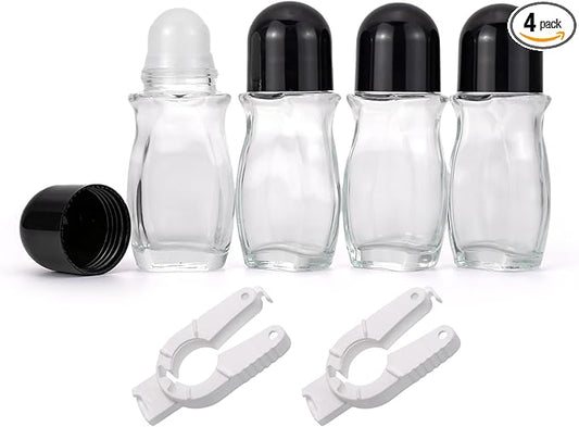 4 Pack 50mL Clear Glass Roller Bottles for Deodorant, Essential Oil Roll On Bottles, Leak-Proof Refillable Rollerball Containers with Black Caps, Travel DIY Perfume Applicator