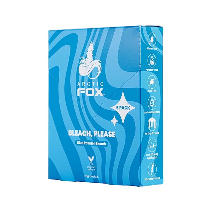 Arctic Fox Blue Powder Hair Bleach, Anti-Brass & Anti-Yellow, Lifts Up to 9 Levels, Vegan & Cruelty Free, Dust-Free Formula, Professional Lightener, 5 Pack Sachets, 1 oz Each