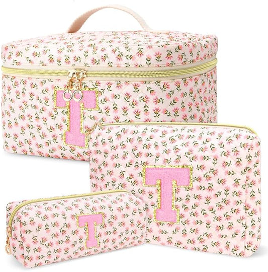 3 PCS Travel Makeup Bag Set,A-Z Initials Cotton Make up Bag Floral Quilted Cosmetic Bag for Girls and Women,Personalized Christmas Gifts,Cute Toiletry Travel Accessories Brushes Bags-T