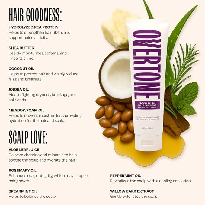 Overtone Daily Color Depositing Conditioner - 4.5oz Temporary Coloring Conditioner with Shea Butter & Coconut Oil - Refresh Color & Prevent Fading- Vegan & Cruelty-Free, Purple for Brown is Royal Plum