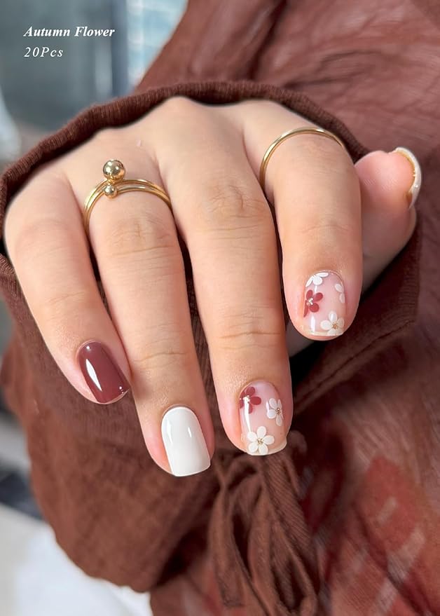 Semi Cured Gel Nail Strips (Autumn Flower), 20 Pcs Gel Nail Wraps, Stickers, Fall, Salon Quality, Works With Any Lamps