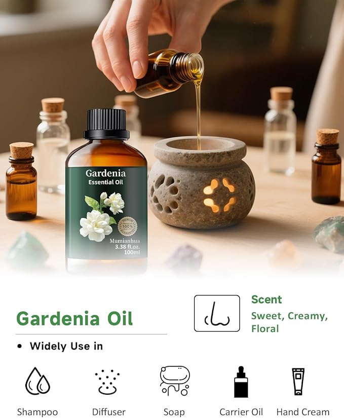 Gardenia Essential Oil Pure, Mumianhua Natural Gardenia Oil for Reed Diffuser, Air Freshener, Skin, Hair, Laundry & Women's Perfume, Candles Making 3.38 Fl Oz