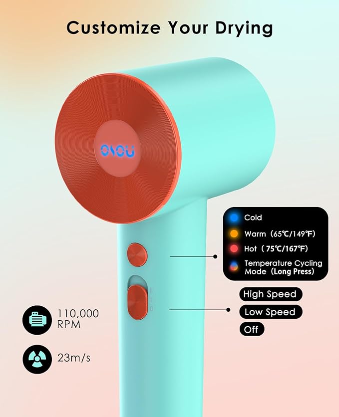 Hair Dryer, Negative Ionic Hair Dryers, High-Speed Blow Dryer with 110, 000 RPM Brushless Motor, Fast Drying Lightweight Travel Hairdryer, Low Noise Home Hair Dryer with Smooth Nozzle