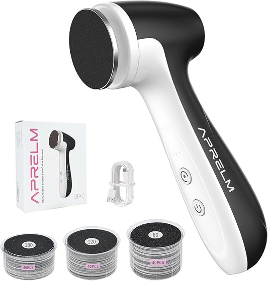 AprElm-E7 Rechargeable Electric Foot Callus Remover with 3-Sizes 120Pcs Sandpaper Discs, Professional 1000RPM 3-Speed Control Electric Foot File (Black)