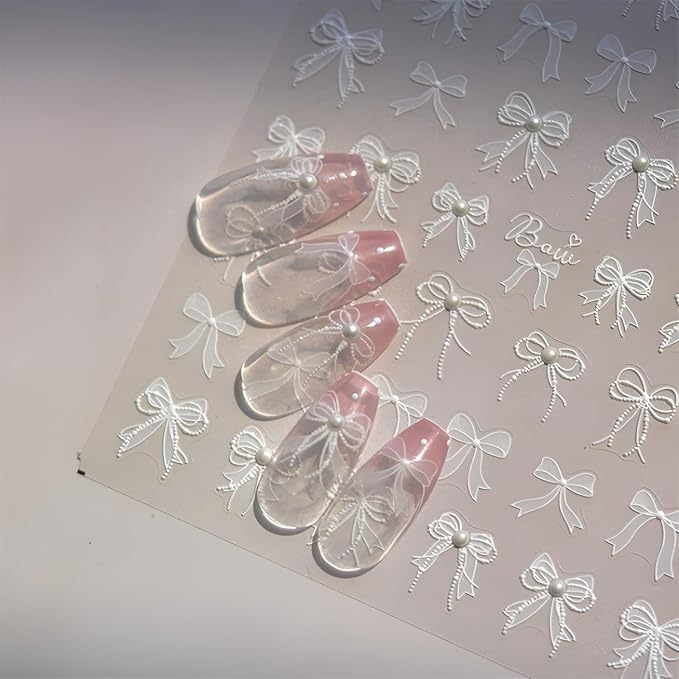 White Bow Nail Stickers for Nail Art 5D Self Adhesive White Nails Art Stickers Bow Nail Decals with Rhinestone Design Embossed Bow Decoration Accessories for Women Girls