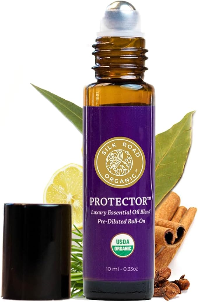 Silk Road Organic Protector Essential Oil Immunity Blend Roll On, Based on Thieves Oil Legend, 100% Pure USDA Certified Clove Bud, Cinnamon Bark, Rosemary, Lemon, Eucalyptus - 10 ml Roller