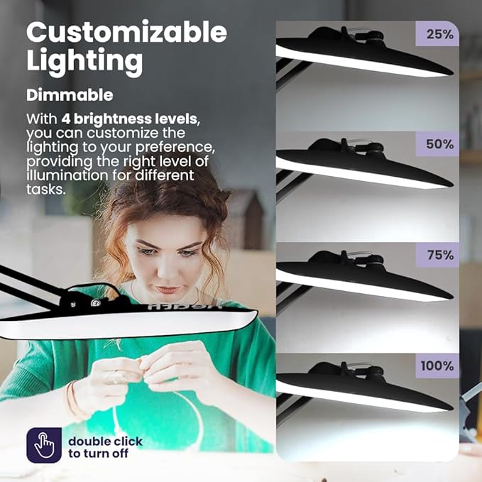 Neatfi XL 2,200 Lumens LED Task Lamp, 20W, 182 Pcs SMD LED, Dimmable, 4 Level Brightness, 3 Light Modes, Desk Light for Home, Office, Workbench (CCT, Black)