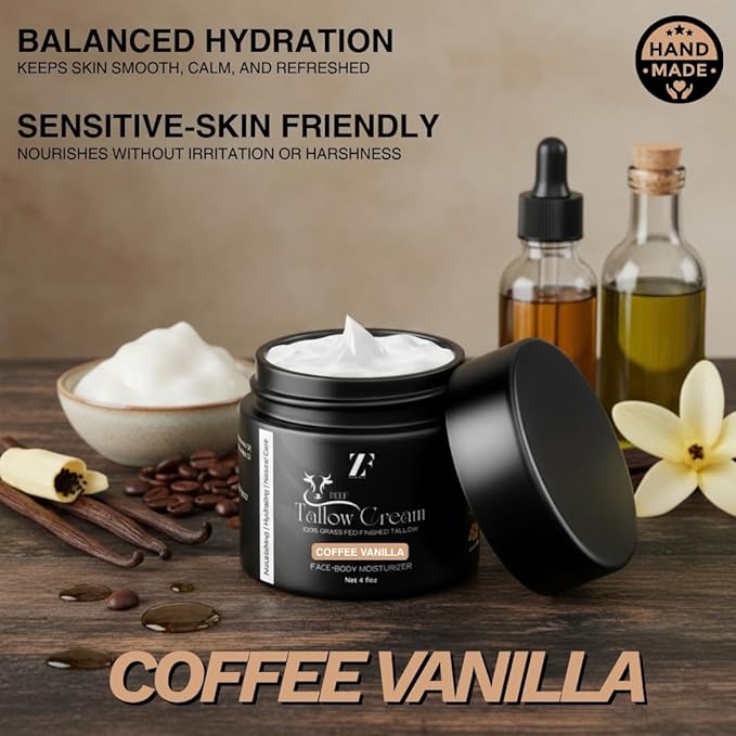 ZF 100% Grass Fed Beef Tallow for Skin Care - Face + Body - Natural Organic Lotion - Whipped Moisturizer for Sensitive Skin 4 FL. oz. (Coffee Vanilla)
