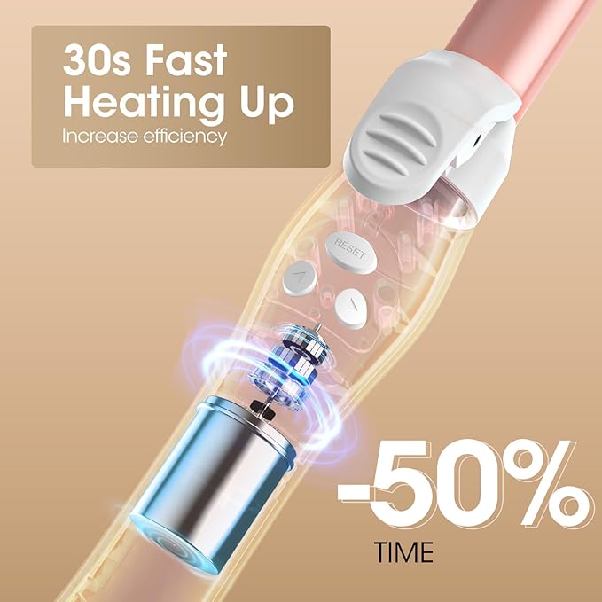 Rotating Automatic Curling Iron for Waves-Curling Wand for Long Hair, Extra Long Barrel Ceramic Hair Curler for Women,Dual Voltage, 5 Temps & 30s Heat-up (Rose Gold, 1 inch)