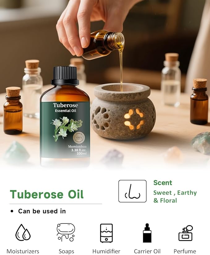 Mumianhua Tuberose Essential Oil 100% Pure Therapeutic Grade Natural Flower Tuberose Oil for Diffuser, Massage, Yoga, Skin,Hair, DIY Perfumes & Fragrance Candle Making Scents 3.38 Fl Oz