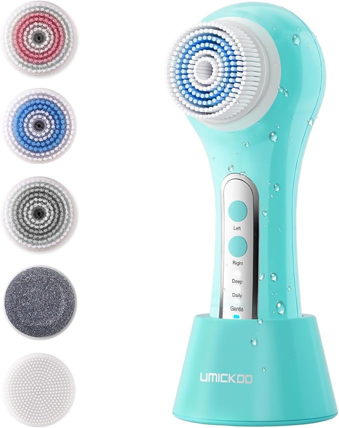 Face Scrubber Exfoliator, Rechargeable Facial Cleansing Brush with 2-Way Rotation & 3 Modes, 30-Day Runtime, 5 Brush Heads for SPA-Level Care, IPX7 Waterproof, Deep Cleaning for All Skin Types