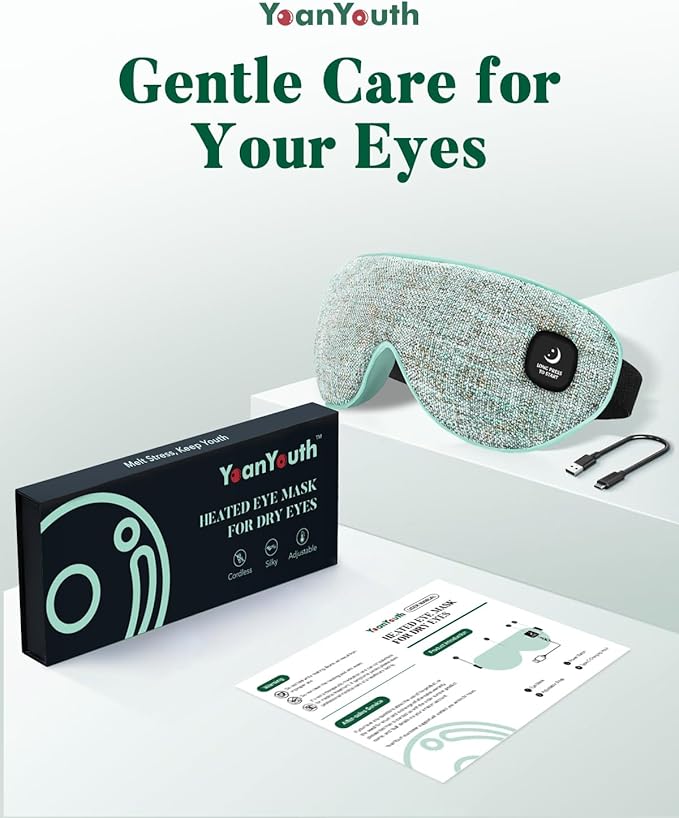 Heated Eye Mask for Dry Eyes, Cordless Warm Compress for Eyes, Light Blocking Eye Heating Pad, Styes, Sleep, Cover Washable, Rechargeable, Light Blue