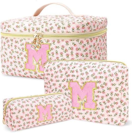 3 PCS Travel Makeup Bag Set,A-Z Initials Cotton Make up Bag Floral Quilted Cosmetic Bag for Girls and Women,Personalized Christmas Gifts,Cute Toiletry Travel Accessories Brushes Bags-M
