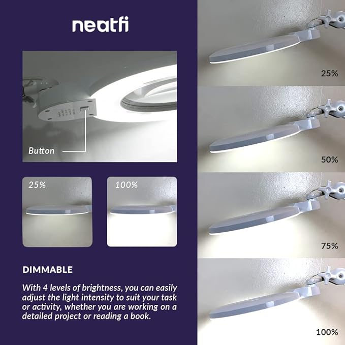 Neatfi XL Bifocal LED Magnifying Lamp, 7-Inch Acrylic Lens, 5D/20D Magnification, Hands-Free, Dimmable, 84 SMD LED, Adjustable Arm for Crafts, Reading, Close Work (White, with Clamp)