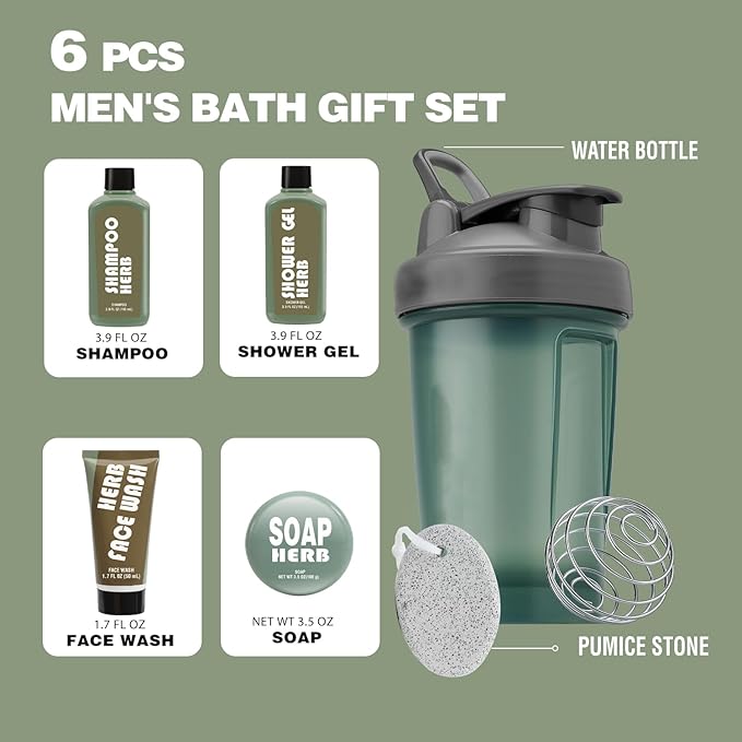 Body & Earth Gifts For Men 6Pcs Mens Body Wash Sets With Fresh Herbal Scent Perfect Birthday Gifts For Men Boyfriend With Sport Water Bottle Christmas