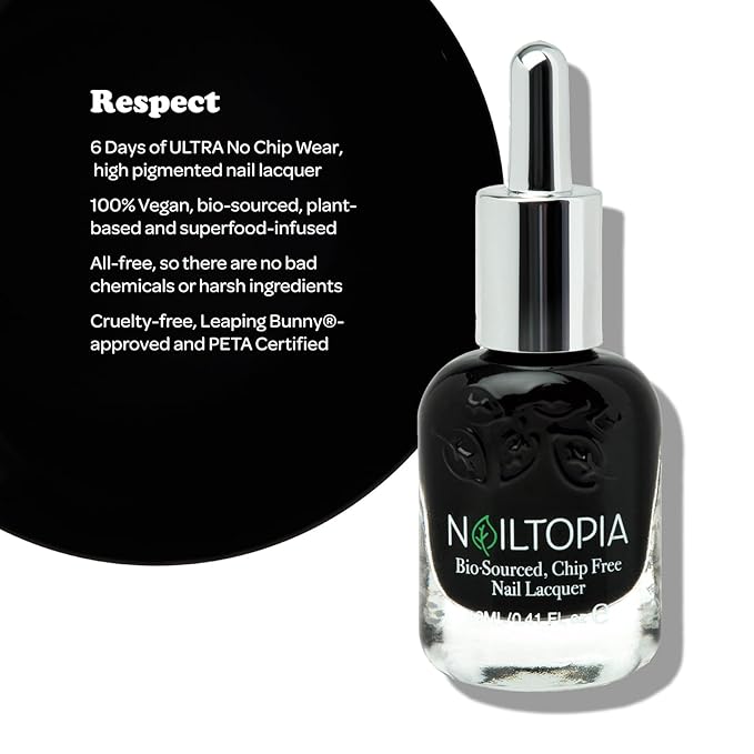 Nailtopia - Plant-Based Chip Free Nail Lacquer - Non Toxic, Bio-Sourced, Long-Lasting, Strengthening Polish - Respect (Black) - 0.41oz