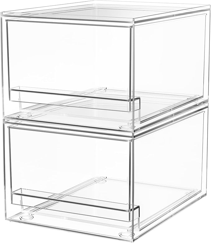 A-LuGei 【𝟮𝗣𝗖𝗦】 Acrylic Stackable Storage Drawers, 7.5" L Makeup Organizer, Bathroom Organizer and Storage, Plastic Storage Bins for Kitchen Cabinet Pantry Medicine Fridge