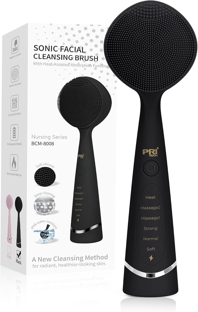 PRITECH Facial Cleansing Brush, Rechargeable Silicone Face Scrubber with Constant-Temperature Heating, Vibrating Exfoliator Scrubber for Deep Pore Cleaning, Waterproof Face Brush for Women & Men-Black