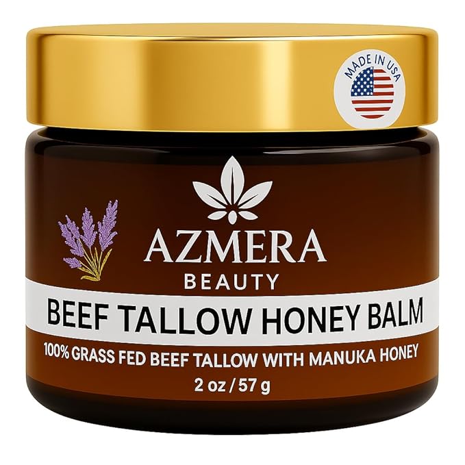 Azmera Beauty100% Grass-Fed Beef Tallow Balm, Manuka Honey MGO 263+, Organic Beeswax & Olive Oil, Beef Tallow for skin,Handmade Moisturizer for Dry Skin, Eczema Relief, & Healing Skin(2oz, Lavender)