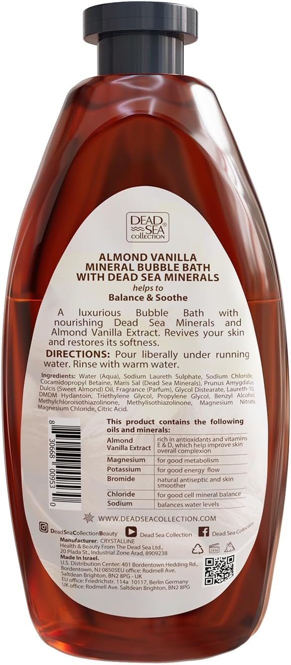 Dead Sea Collection Bubble Bath with Almond Vanilla for Women and Men - Sweet Almond Oil and Dead Sea Salt - Nourishing and Moisturizing Skin - Pack of 2 (67.6 fl.oz)