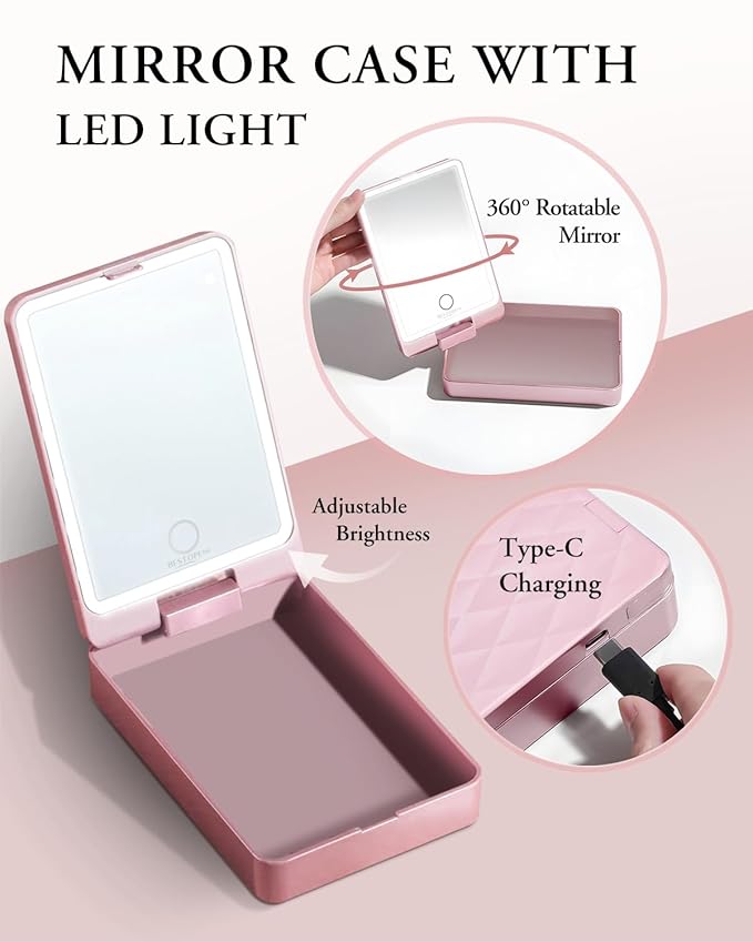 Makeup Brushes with Case, 20PCs Travel Makeup Brush Set, Foundation Concealer Blush Eyeshadow Brush Set Contour Powder Eyebrow Eyelash Brush Kit with Led Light Mirror Holder & 2 Powder Puff-Rose Gold