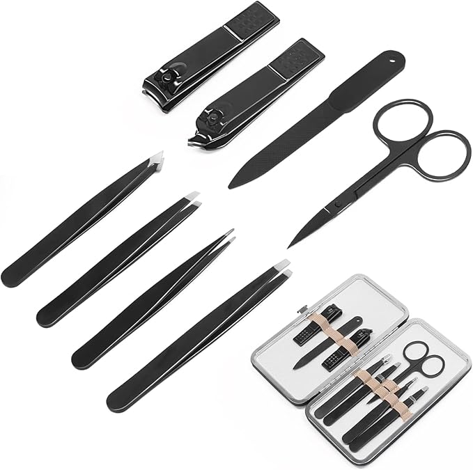 Tweezers and Fingernail Clippers Kit, 8 Pcs Professional Tweezer Nail Clipper Set Stainless Steel Manicure Tools with Case for Men Women