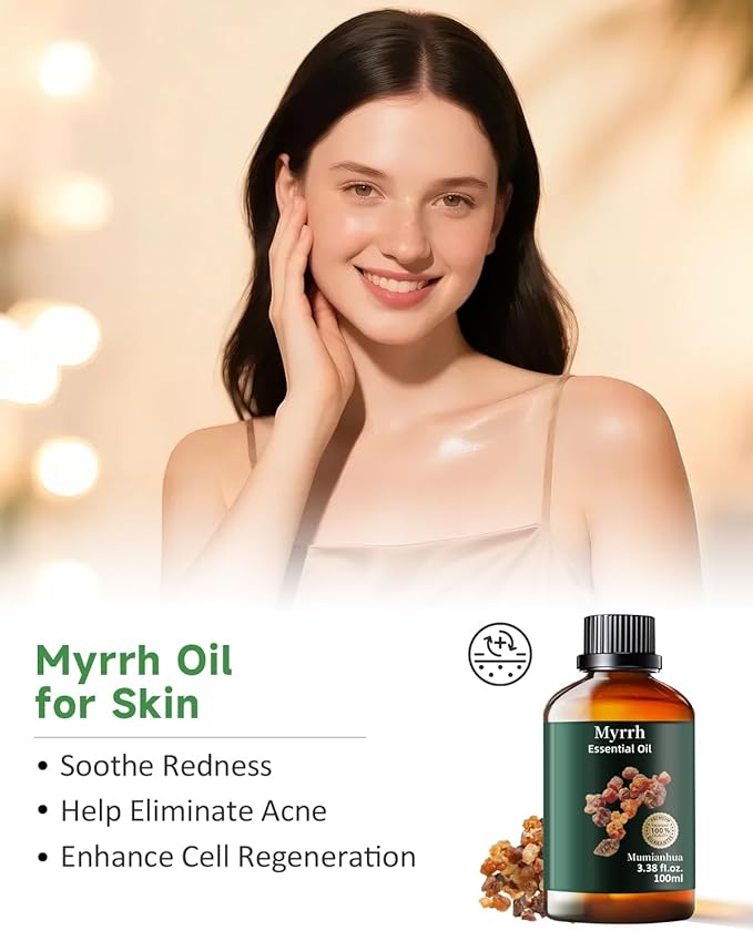 Pure Myrrh Essential Oil, Mumianhua Therapeutic Grade Natural Myrrh Oil for Skin Care, Aromatherapy, Beard Care, Earthy Candle Making, Cleaning Blends & Home Purifier 3.38 Fl Oz