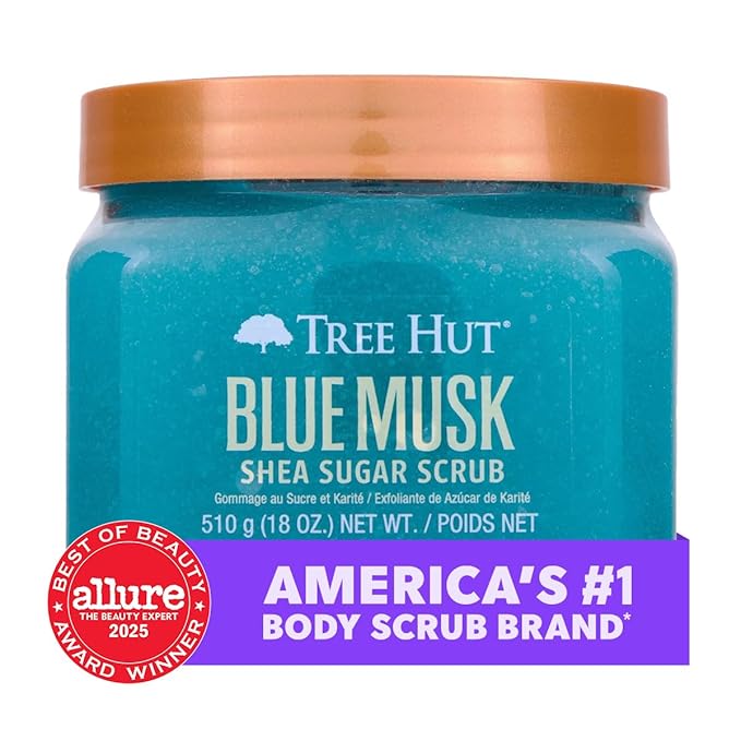 Tree Hut Blue Musk Shea Sugar Scrub, Exfoliating, Hydrating & Moisturizing Body Scrub with Shea Butter & Nourishing Essential Oils, Smooth & Soften Skin, 18 oz
