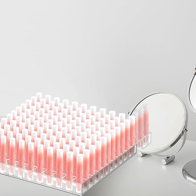 Mumufy Lipstick Holder Clear Acrylic Organizer Makeup Lip Gloss Organizer Plastic Cosmetic Display Case for Lipstick Brushes Bottles Perfume Essential Drawer Vanity Bathroom (121 Slot)