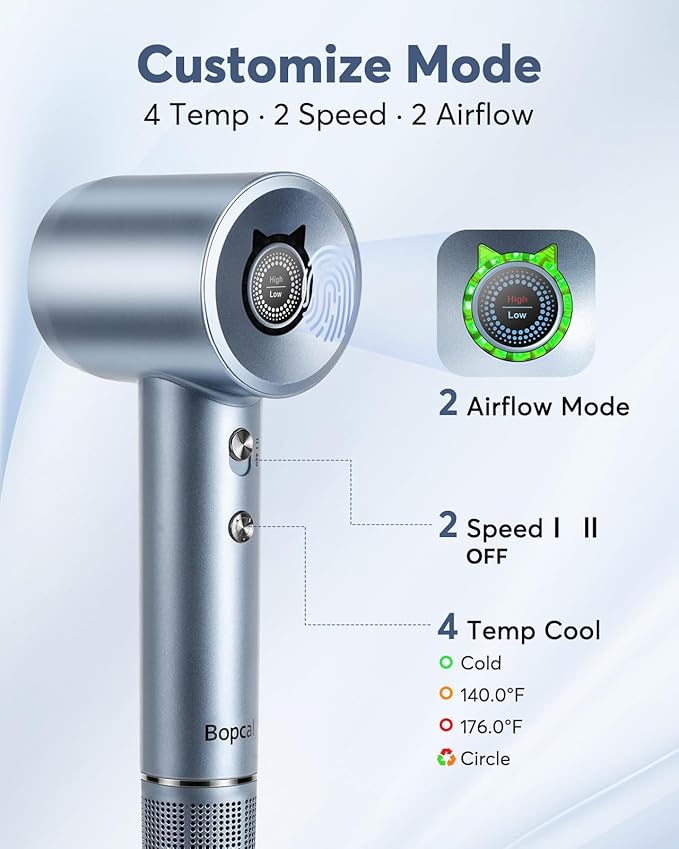 Bopcal Ionic Hair Dryer, 160000 RPM Brushless Motor, Smart Thermo-Control, Negative Ion Fast Drying, Quiet Lightweight Blow Dryer, Cold Air & 4 Heat Settings, for Home Travel Salon, Silver