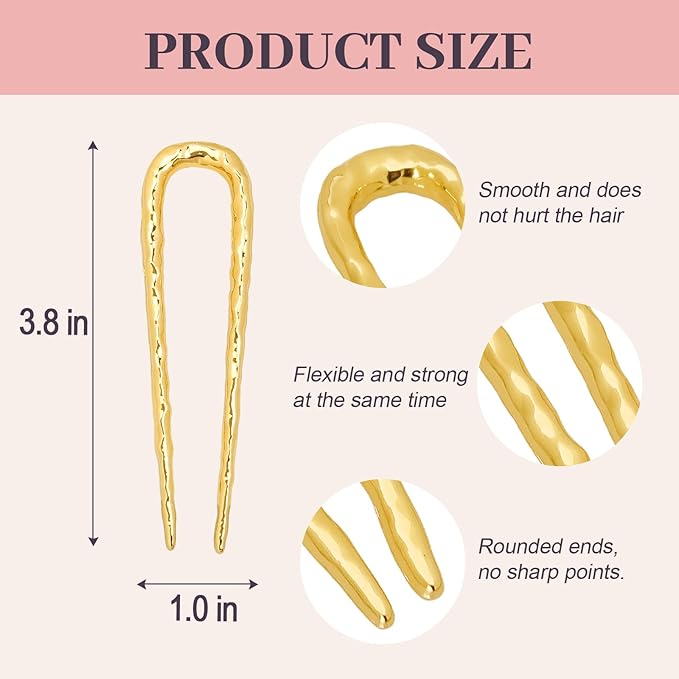 2PCS 3.8Inch French Hair Pins U-Shaped Pins for Women and Girls Fashion Metal Hair Pin French Twist Hair Pins for Buns, Updos,Stylish and Functional(set2-gold)