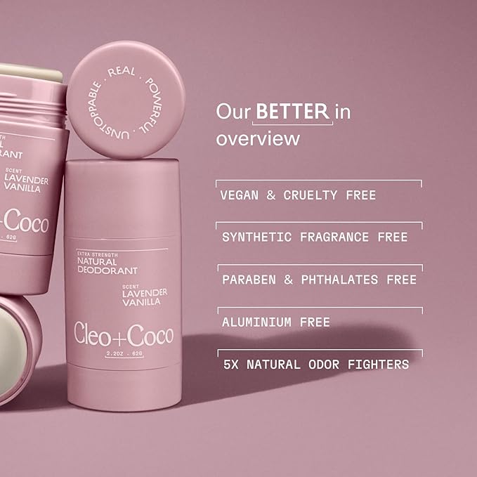 Cleo+Coco Extra Strength Deodorant Balm, Lavender Vanilla (2.2 oz), Natural Aluminum Free Deodorant for Women & Men with 5X Odor Fighters, 24+hour Odor Control, Free from Synthetic Fragrance, Vegan