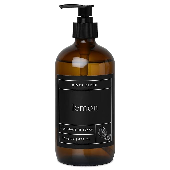 River Birch Lemon Scented Natural Hand Soap - Handmade Soap - Moisturizing Hand Wash with Amber Glass Dispenser - Luxury Scented Hydrating Hand Soap - Vegan and Non-Toxic - 16 Fl Oz