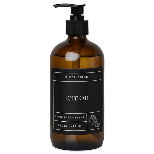 River Birch Lemon Scented Natural Hand Soap - Handmade Soap - Moisturizing Hand Wash with Amber Glass Dispenser - Luxury Scented Hydrating Hand Soap - Vegan and Non-Toxic - 16 Fl Oz