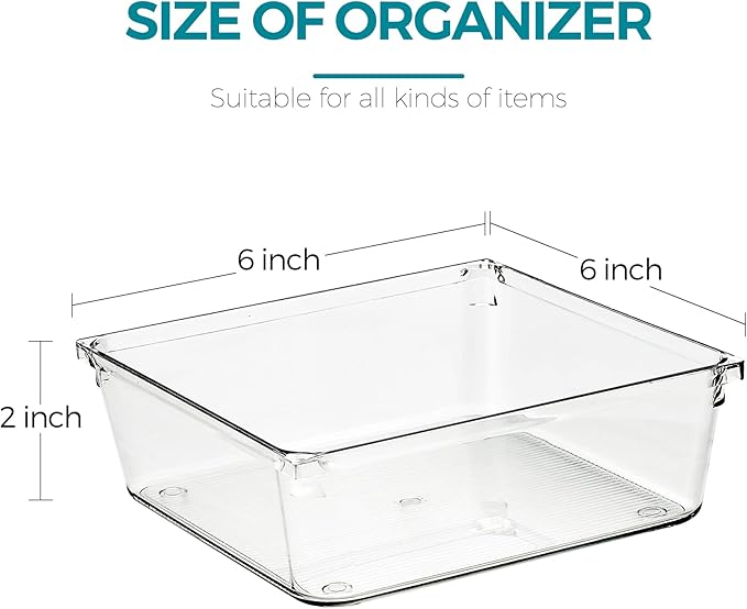 4 Pack Drawer Organizer - 6" X 6" Clear Acrylic Storage Bins with Non-Slip Pads, Versatile Desk Tray for Makeup, Jewelry, Kitchen, Bathroom, and Office Organization