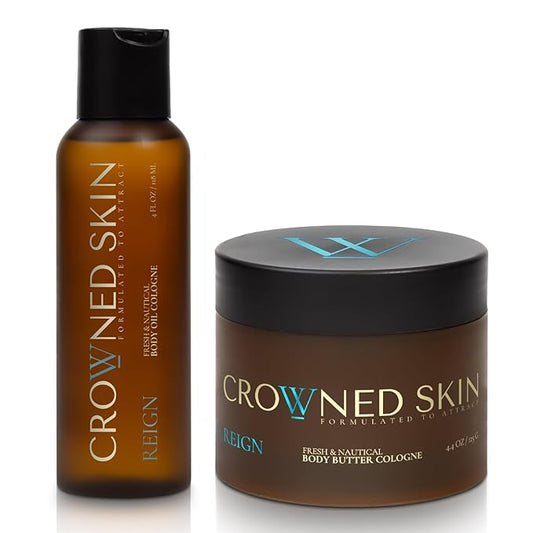 Crowned Skin Reign Body Butter Cologne and Body Oil Cologne Bundle | New Moisturizing Formula | Skin Care Set with Pink Pepper & Bergamot Scent | Natural Shea & Mango Butters | All-Day Fragrance