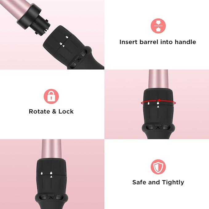 Curling Iron with Clamp PARWIN PRO BEAUTY 7 in 1 Curling Wand Set 0.5 to 1.5 Inch Interchangeable Barrels Adjustable Temp. Negative Ionic, Travel Dual Voltage 60mins Auto Shut Off, Rose Pink