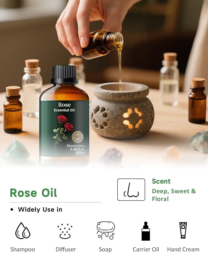 Pure Rose Essential Oil, Mumianhua Natural Rose Oil for Skin, Hair, Reed Diffuser, Air Purifier, Room Spray,Candle Making, Laundry, Relaxation, Evening Wellness, Romantic Atmosphere 3.38 Fl Oz